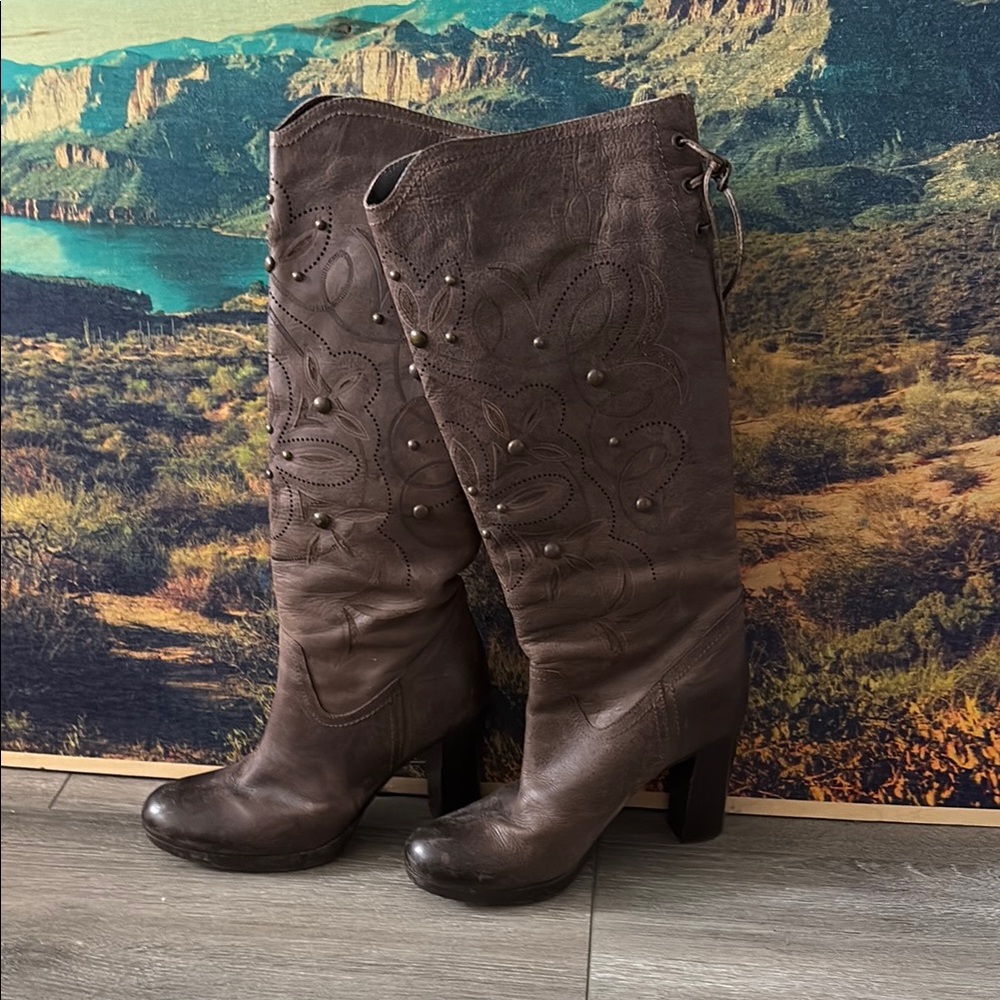 Brown Embellished Knee-High Boots